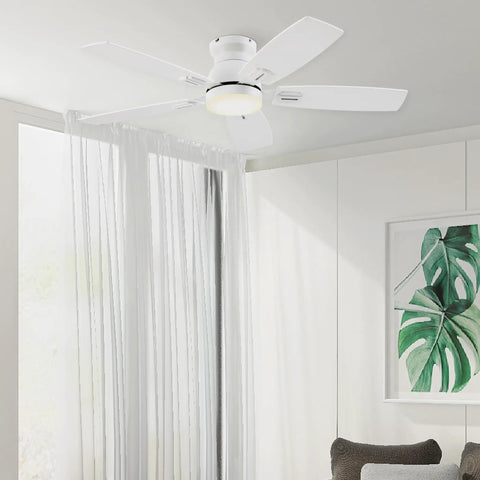 42 Inch Ceiling Fan With Light And Remote And App Control, Low Profile Flush Mount, Double Sided Blades in a white room
