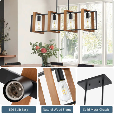 35.4 Inch Kitchen Island Lighting Dope Four Light Farmhouse Chandelier in black with wood frame in dining room setting