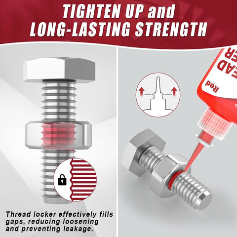 Red thread locker from heavy duty thread locker kit applied to bolt for long-lasting strength.
