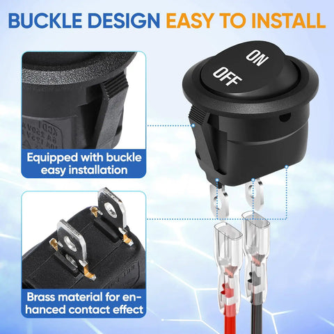 Round 12V Rocker Switch On Off SPST 2 Pin DC Power Toggle Button with buckle design and wires, pack of 5.
