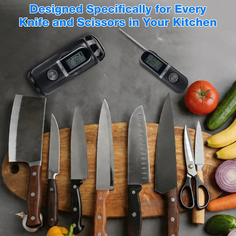 Three In One Cordless Electric Knife Sharpener With Digital Meat Thermometer And Timer, knives and vegetables on a kitchen counter