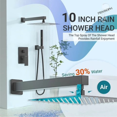 10 Inch Rainfall Shower System With Valve And Dual Function Handheld All In One Wall Mounted Matte Black Tub Faucet Set Modern Square Trim Kit For Bathroom Renovation And Daily Spa Style displayed on wall