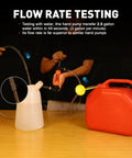SMART JERRY siphon pump for gasoline; orange handheld fuel transfer pump with clear tubing beside red gas can and white container.