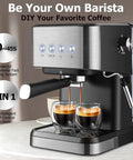 Top Shelf Espresso Coffee Machine With 20 Bar Italian Pump And 1050W Fast Heat Boiler, Packs A 1.5L Water Tank Plus Silky Milk Frother For Rich Lattes, Cappuccinos And Your Daily Grind, showing espresso brewing with two cups.