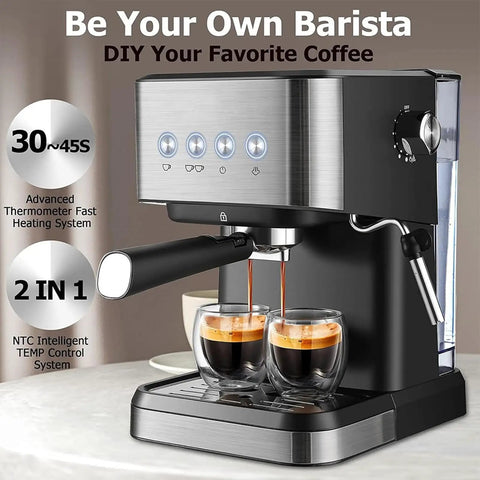 Top Shelf Espresso Coffee Machine With 20 Bar Italian Pump And 1050W Fast Heat Boiler, Packs A 1.5L Water Tank Plus Silky Milk Frother For Rich Lattes, Cappuccinos And Your Daily Grind, showing espresso brewing with two cups.