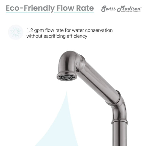 Close-up of Avallon 8-Inch Widespread Bathroom Faucet with a 1.2 GPM flow rate, brushed nickel finish, promoting eco-friendly water use.