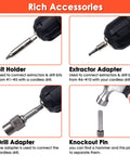 Damaged Screw Extractor Set For Stubborn Fasteners, 2-21mm, 39-Piece Broken Bolt Kit accessories including bit holder, extractor adapter, drill adapter, and knockout pin.