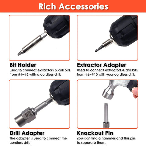 Damaged Screw Extractor Set For Stubborn Fasteners, 2-21mm, 39-Piece Broken Bolt Kit accessories including bit holder, extractor adapter, drill adapter, and knockout pin.