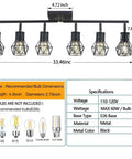 Diagram of Black 6 Light Farmhouse Track Lighting Fixture With Metal Cage Design showing dimensions and bulb specifications.