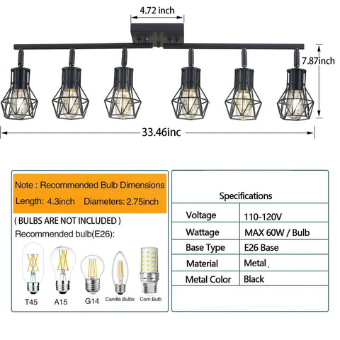 Diagram of Black 6 Light Farmhouse Track Lighting Fixture With Metal Cage Design showing dimensions and bulb specifications.