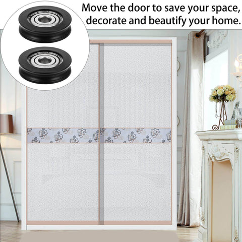 Sliding Barn Door Wheel Nylon Pulley With U Groove For Cabinet Closet And Window Doors displayed near sliding doors.