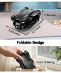 Foldable 1080P HD Camera Drone For Beginners And Kids Adults RC Quadcopter shown with dimensions on carpet and easy-to-carry into bag