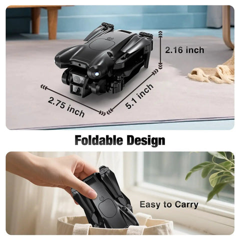 Foldable 1080P HD Camera Drone For Beginners And Kids Adults RC Quadcopter shown with dimensions on carpet and easy-to-carry into bag