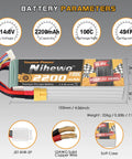 Two Pack 4S 14.8V 2200mAh 100C RC LiPo Battery Soft Case With XT60 Plug For FPV Drones Quadcopters RC Cars And Boats Built For Racing Aerial Photography And Heavy Duty FPV Missions, product specifications displayed.