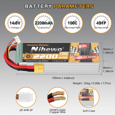 Two Pack 4S 14.8V 2200mAh 100C RC LiPo Battery Soft Case With XT60 Plug For FPV Drones Quadcopters RC Cars And Boats Built For Racing Aerial Photography And Heavy Duty FPV Missions, product specifications displayed.