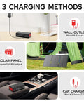 Go To 88Wh Portable Power Station With 24000mAh Battery For Camping And Home Use, 110V/65W AC Outlet, USB QC3.0, DC Output, Solar Panel Not Included, Emergency Backup Power On The Go In Black, displayed with three charging methods: wall, car, and solar panel.