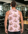 Mens Pink Sleeveless Tank Top With Concealed Pocket And Bold Mechanical Lizard Clock Graphics And Moisture Wicking Mesh Athletic Tee from the back in gym setting.
