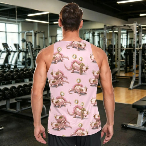 Mens Pink Sleeveless Tank Top With Concealed Pocket And Bold Mechanical Lizard Clock Graphics And Moisture Wicking Mesh Athletic Tee from the back in gym setting.