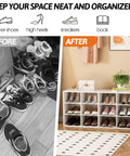 Before and after of 12 Cubby Shoe Storage Bench With 3 Tier Vertical Wood Shoe Rack Organizer For Entryway Hallway Closet And Garage White Shoe Cabinet With Space Saving Design Durable And Easy To Clean showing organized shoes.
