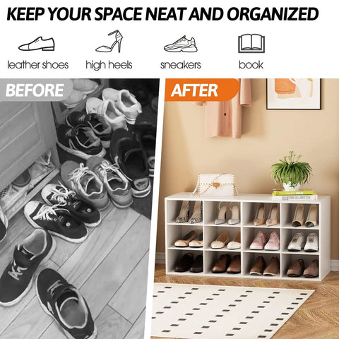 Before and after of 12 Cubby Shoe Storage Bench With 3 Tier Vertical Wood Shoe Rack Organizer For Entryway Hallway Closet And Garage White Shoe Cabinet With Space Saving Design Durable And Easy To Clean showing organized shoes.