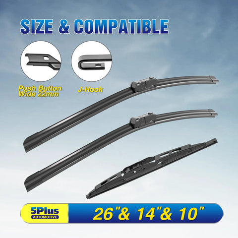 Direct Fit Front And Rear Windshield Wiper Blades For 2013 Through 2022 Buick Encore with J-Hook and Push Button connectors.