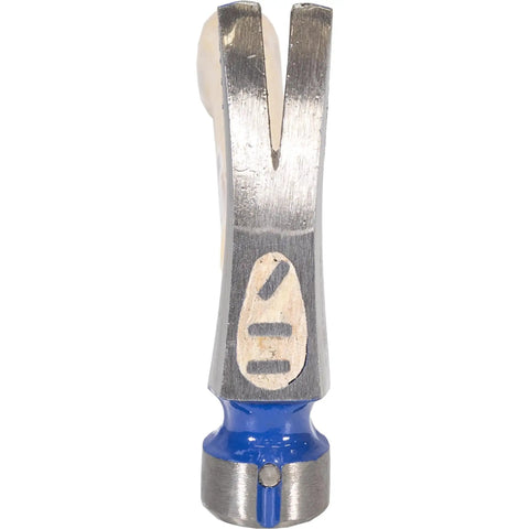 Close-up of California Framer Hammer 19 Oz Smooth Face With Nail Starter, Made In The USA, viewed from the claw side.