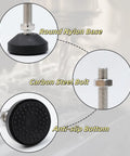 Top Shelf Heavy Duty M8 Swivel Leveling Feet For Furniture And Machinery 880 Lb Load Capacity Per Piece showing nylon base, steel bolt, and anti-slip bottom.