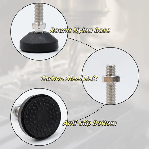 Top Shelf Heavy Duty M8 Swivel Leveling Feet For Furniture And Machinery 880 Lb Load Capacity Per Piece showing nylon base, steel bolt, and anti-slip bottom.