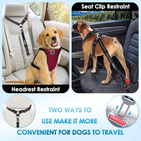 Adjustable Dog Car Seat Belt With Bungee Cord And Universal Headrest Mount, 2 Pack Pet Travel Safety Harness For Road Trips, Secure Quick Snap Buckle featured with headrest and seat clip restraint for safe travels.