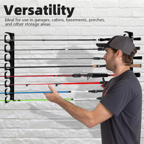 Person arranging rods on Ceiling Mounted Fishing Rod Rack Holder With Soft Protective Pad, Heavy Duty Steel Storage Organizer For Garage Or Basement.
