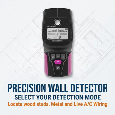 Wall Scanner Stud Finder 4 Modes Detector LCD Display Metal Wood Wire showing front view with buttons on a light background.