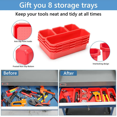Red storage trays for organizing tools in the Beefy Three Tier Rolling Tool Cart With Drawers And Pegboard On Wheels.