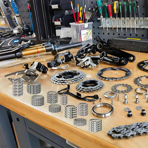 Bike workshop with Five Sets Of Ten Types Bike Bearing Kit With Headset Retainers for crank and caged wheel repairs.
