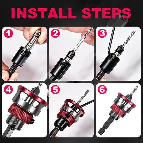 Install steps for Kickass Heavy Duty 4 Piece Countersink Drill Bits Set showcasing precision adjustments in process.