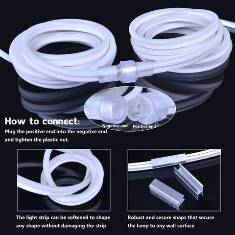 Coiled 20 Ft LED Neon Rope Lights 110V Daylight White 6000K Waterproof Flexible Connectable Light Strip, connectors shown