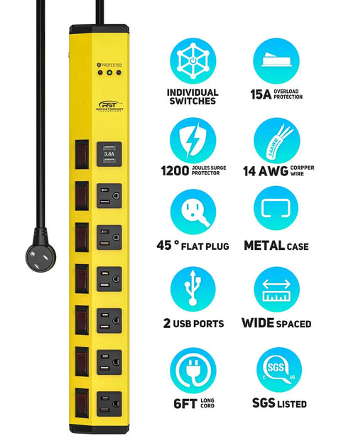 Beefy Heavy Duty Metal Power Strip with Six Outlets, Two USB Ports, Individual Switches, 1200J Surge Protector, Wall Mountable