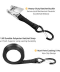 RV Awning Tie Down Kit With Shock Absorbing Springs And 13ft Ratchet Straps showing ratchet buckle, polyester strap, S-hooks.