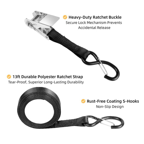 RV Awning Tie Down Kit With Shock Absorbing Springs And 13ft Ratchet Straps showing ratchet buckle, polyester strap, S-hooks.