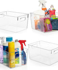 Massive Clear Plastic Storage Bins Pantry Fridge Cube Organizers with cleaning supplies, 11x8x6 inches, heavy-duty stackable design.