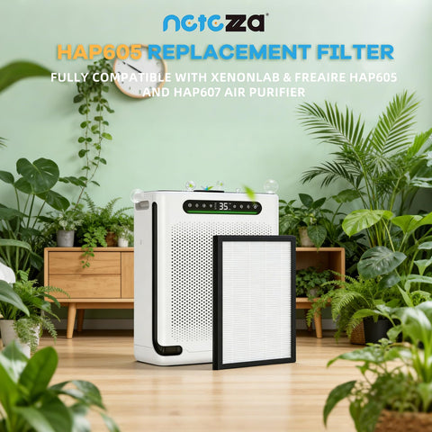 Air purifier with 2 Pack Replacement Filters For FreAire And XenonLab HAP605 HAP607 Air Purifiers, surrounded by plants.