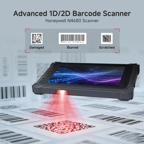 Built Like A Tank Rugged Tablet With Integrated Barcode Scanner 10.1 Inch reading damaged and blurred barcodes on a surface.