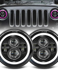 7 Inch LED Headlights With Pink Purple Halo Ring on Jeep Wrangler, Hi Lo Beam, Round Projector Style, DRL, Amber Turn Signal