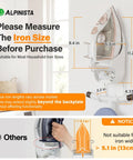 Space Saving Ironing Board Hanger Wall Mount For Laundry Room Storage Organizer White No Fuss Easy Mount This Heavy Duty Holder Fits Irons Up To Five Inches Wide Heat Resistant Up To Two Hundred Degrees image showing size measurements and installation warning for irons over 5.1 inches.