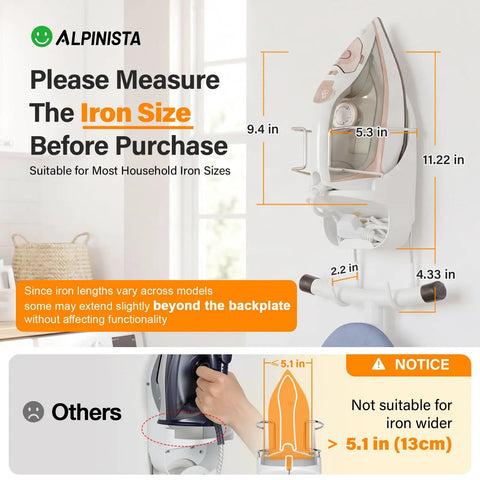 Space Saving Ironing Board Hanger Wall Mount For Laundry Room Storage Organizer White No Fuss Easy Mount This Heavy Duty Holder Fits Irons Up To Five Inches Wide Heat Resistant Up To Two Hundred Degrees image showing size measurements and installation warning for irons over 5.1 inches.