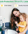 Mother and child at sink using Six Pack White 20 Amp GFCI Outlet With Dual USB Charging Ports And Smart LEDs Self Test Ground Fault Protection.