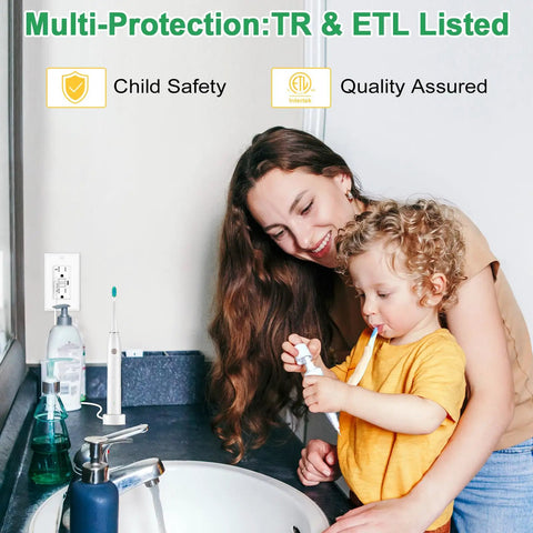 Mother and child at sink using Six Pack White 20 Amp GFCI Outlet With Dual USB Charging Ports And Smart LEDs Self Test Ground Fault Protection.