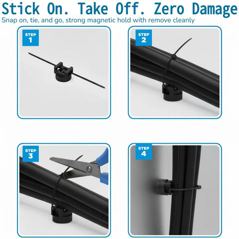 Magnetic Cable Tie Set With 25 Mounts And 200 Self Locking Ties Big Value Cable Management Kit steps using bases on cables