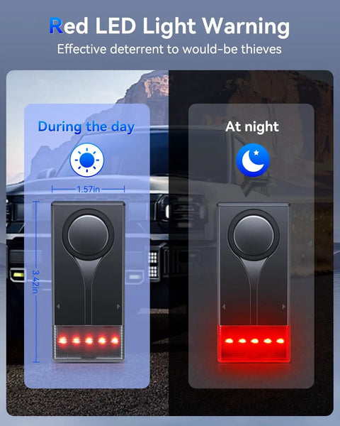108dB Car Alarm System With Vibration Sensor And Red Light Warning Wireless Remote Anti Theft Device With Magnetic Mount Easy Install For Cars And Trucks Upgraded 4.0 Tech For Real Deal Peace Of Mind. Front view showing red LED warning day and night