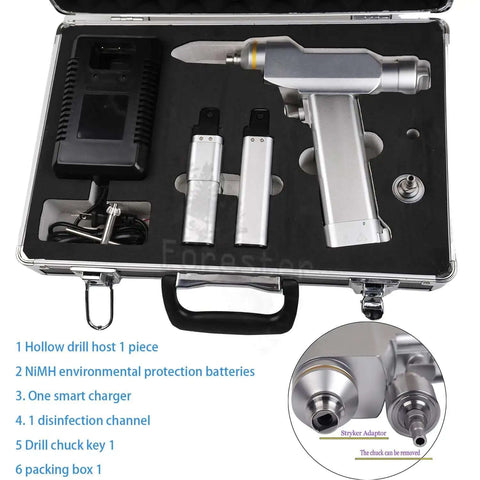Heavy Duty Veterinary Bone Drill Machine Featuring Rechargeable NiMH Battery Dual Direction Speed Control And Autoclave Compatible Design in a carrying case.
