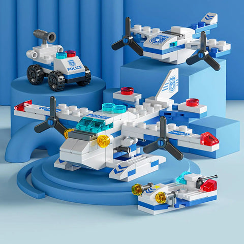 Police-themed 7 In 1 Transformable Airplane Building Blocks Set For Kids Ages 6 To 12, on blue background, 137 PCS STEM kit